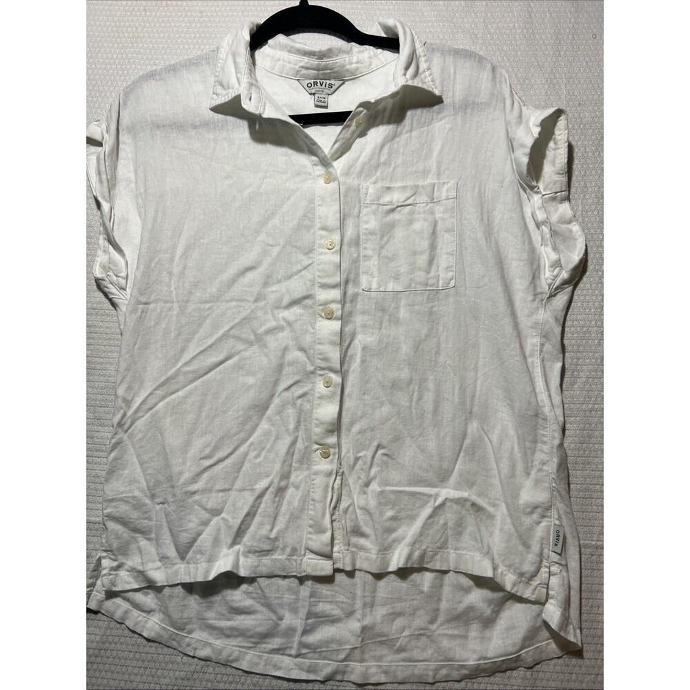 Orvis White Linen Blend Short Sleeve Button Up Shirt Top Size S Classic Vacation